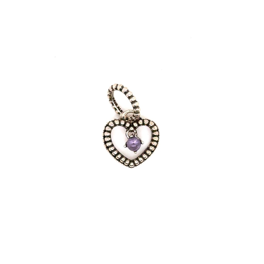 Pandora Sterling Silver Beaded Heart Purple Amethyst Dangle Charm 790451AMV